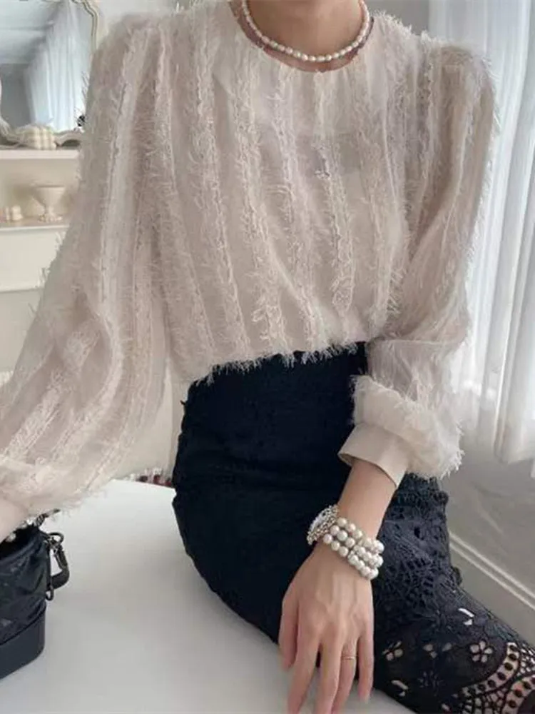 - New  Tassel Chic Vintage Korean Fashion Elegant Lady Women Spring Summer Blouses Shirts Wild Pink Tops BL2350