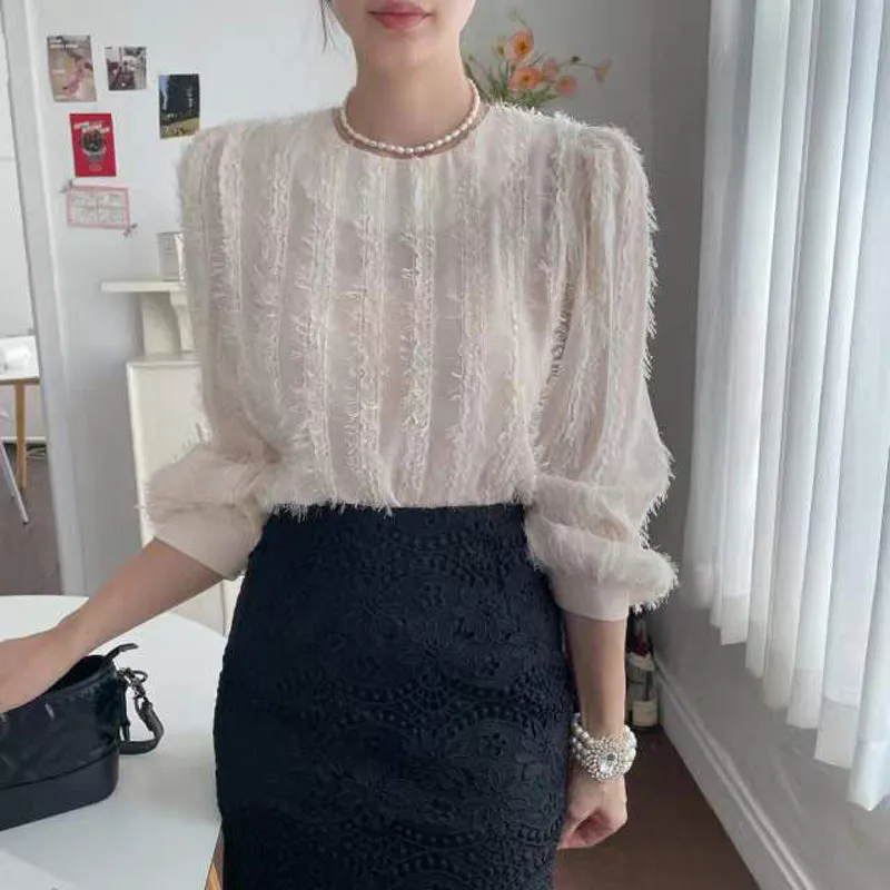 - New  Tassel Chic Vintage Korean Fashion Elegant Lady Women Spring Summer Blouses Shirts Wild Pink Tops BL2350