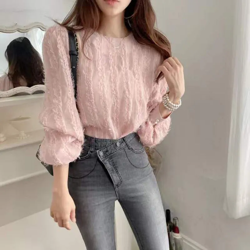 - New  Tassel Chic Vintage Korean Fashion Elegant Lady Women Spring Summer Blouses Shirts Wild Pink Tops BL2350