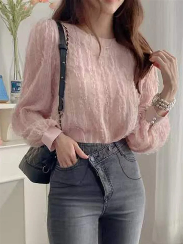 - New  Tassel Chic Vintage Korean Fashion Elegant Lady Women Spring Summer Blouses Shirts Wild Pink Tops BL2350