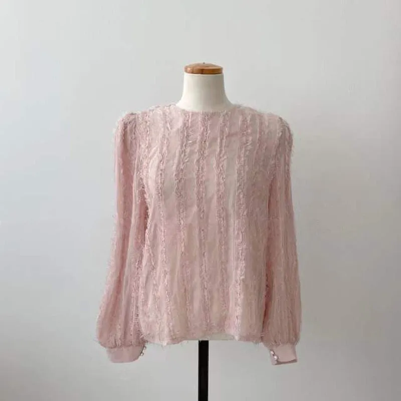 - New  Tassel Chic Vintage Korean Fashion Elegant Lady Women Spring Summer Blouses Shirts Wild Pink Tops BL2350