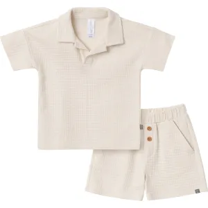 2-Piece Toddler Boys Beige Johnny Collar Shirt and Shorts Set
