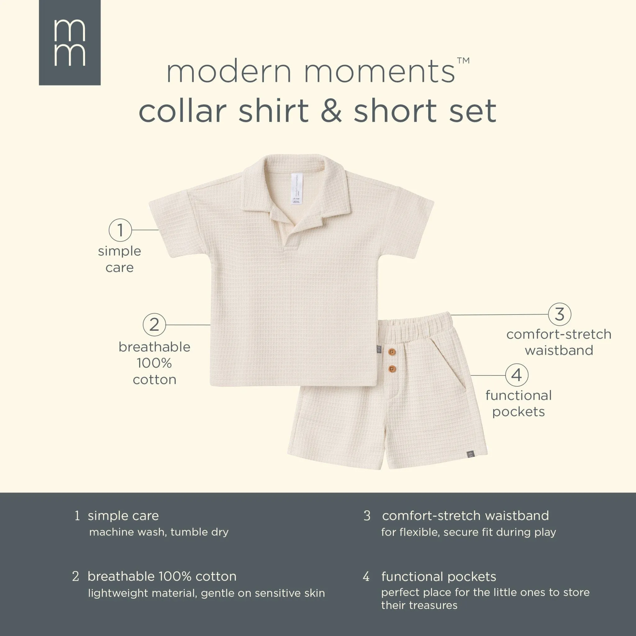2-Piece Toddler Boys Beige Johnny Collar Shirt and Shorts Set