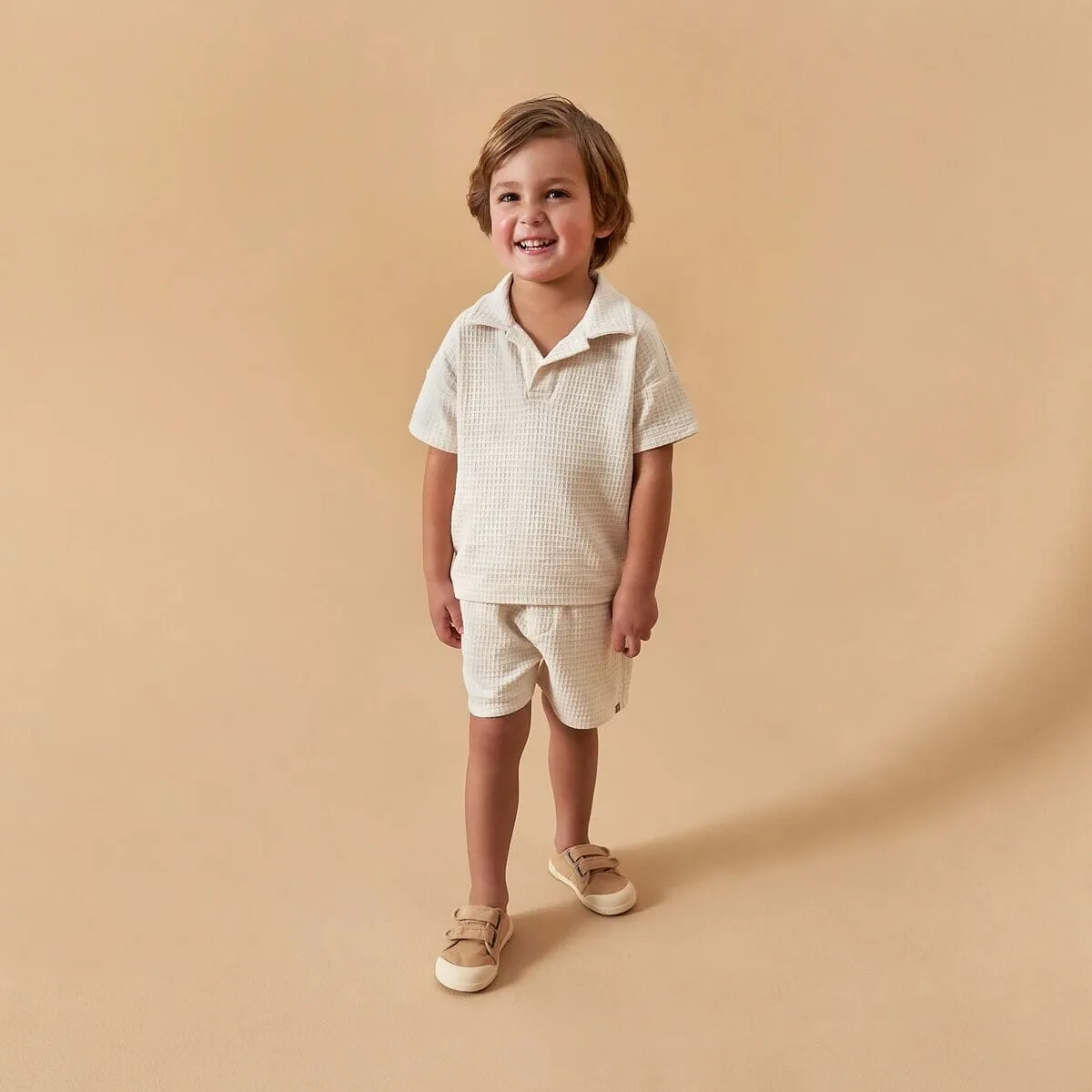 2-Piece Toddler Boys Beige Johnny Collar Shirt and Shorts Set