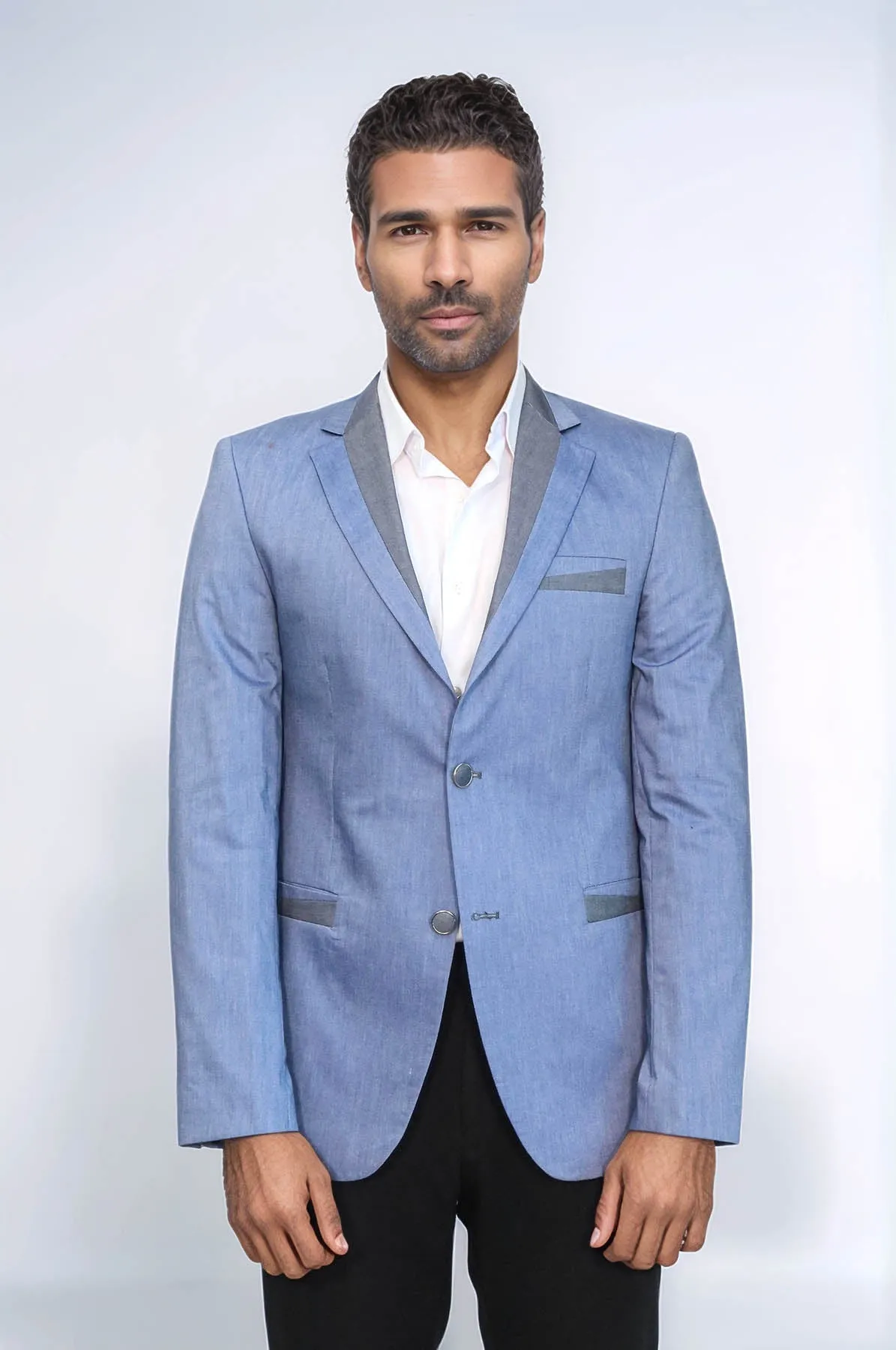 3 Pockets 2 Buttons Cross Piping Light Blue Jacket-Wessi