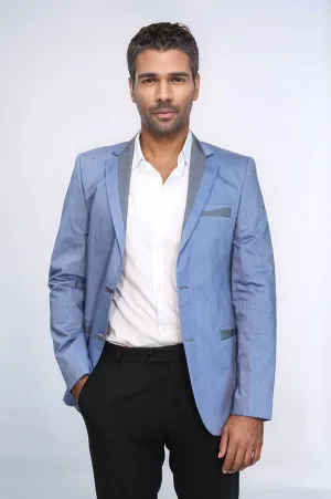 3 Pockets 2 Buttons Cross Piping Light Blue Jacket-Wessi