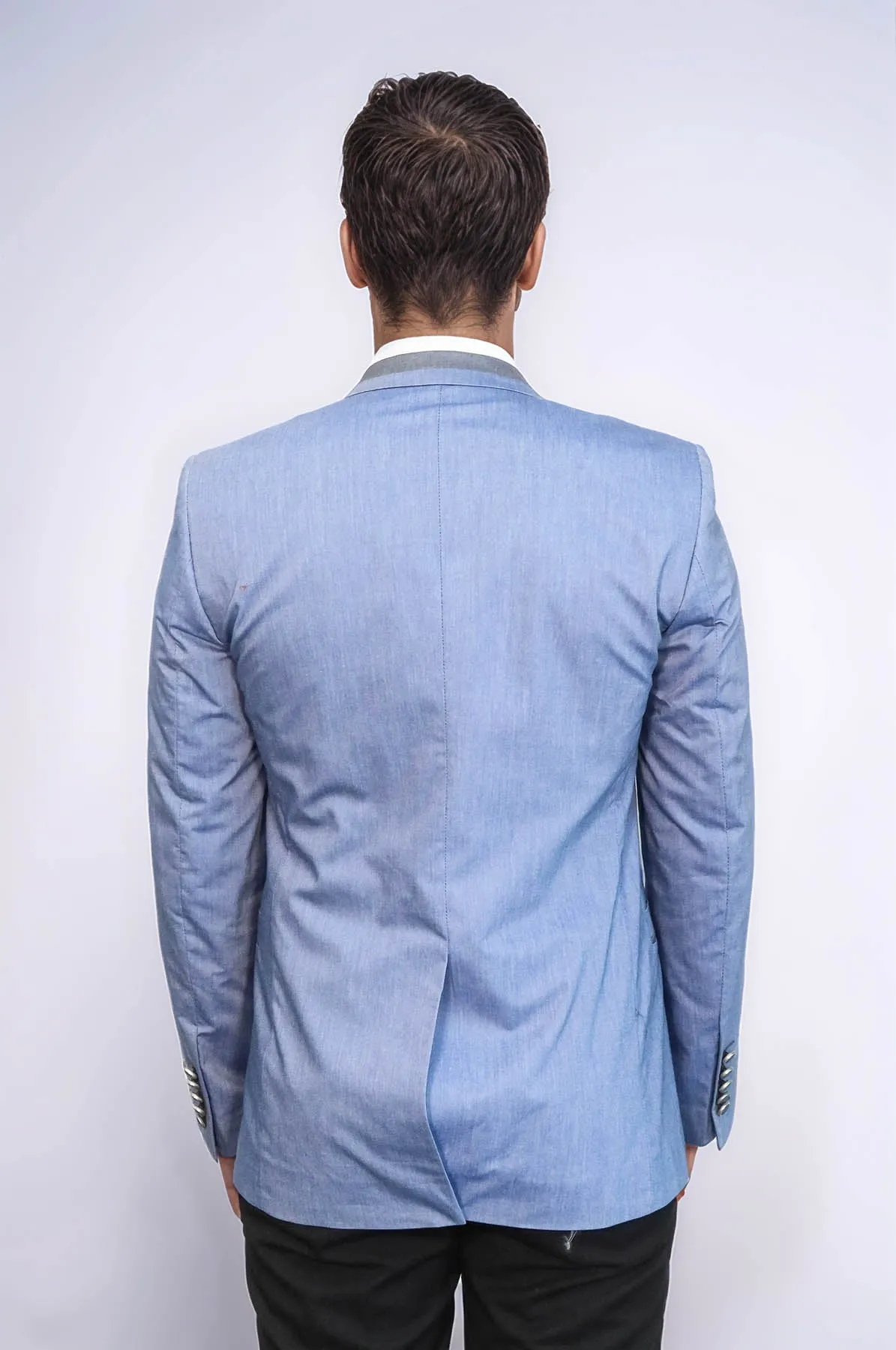 3 Pockets 2 Buttons Cross Piping Light Blue Jacket-Wessi