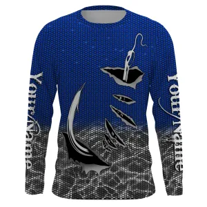 3D Fish hook Custom Long Sleeve performance Fishing Shirts, personalized Fishing gift ideas | blue IPHW1705