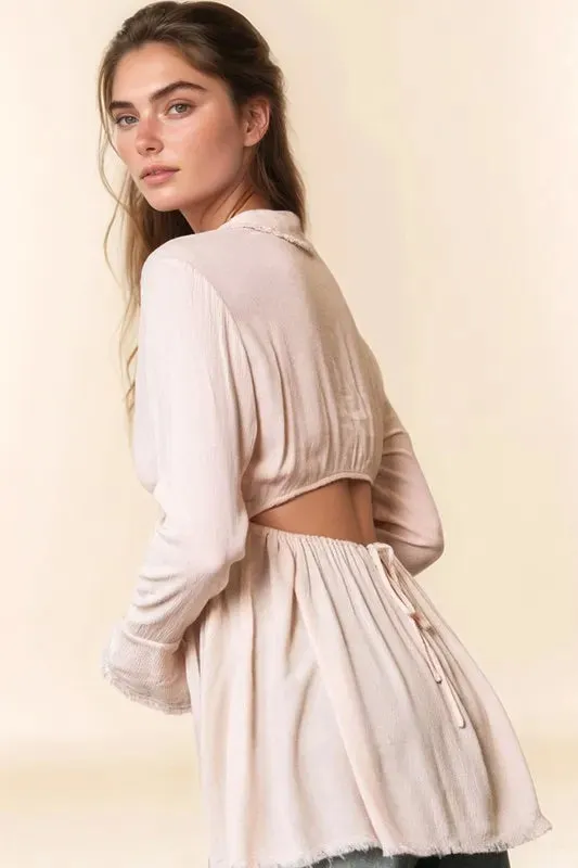 Beige V Neck Open Back Adjustable Babydoll Shirt