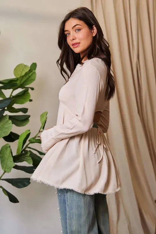 Beige V Neck Open Back Adjustable Babydoll Shirt