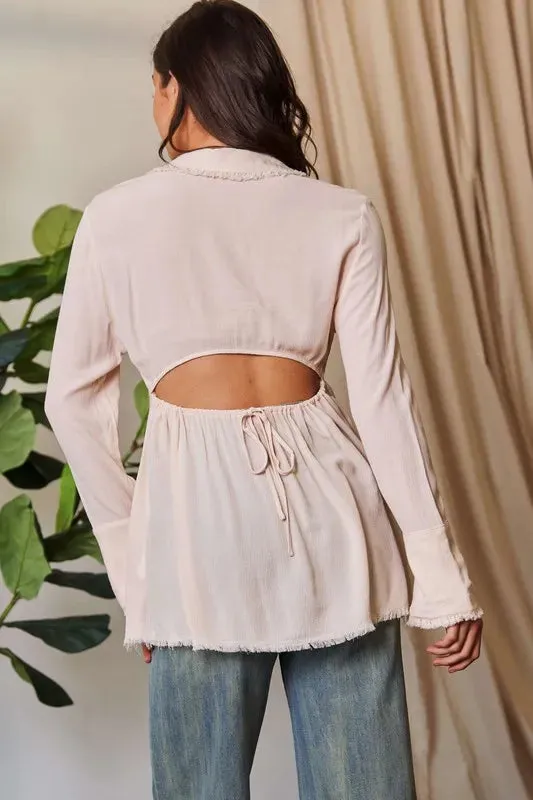 Beige V Neck Open Back Adjustable Babydoll Shirt