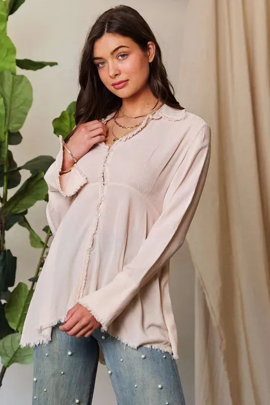 Beige V Neck Open Back Adjustable Babydoll Shirt