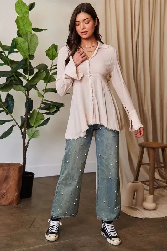Beige V Neck Open Back Adjustable Babydoll Shirt