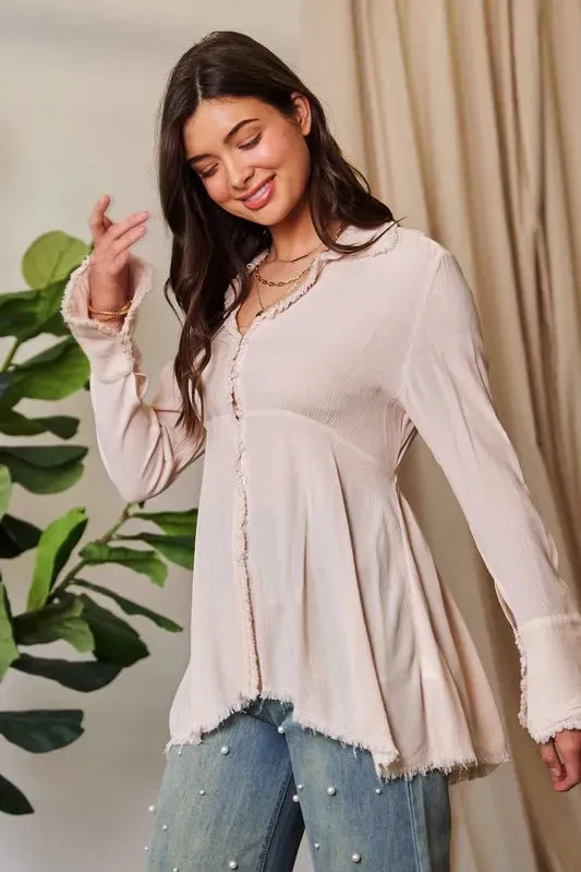 Beige V Neck Open Back Adjustable Babydoll Shirt