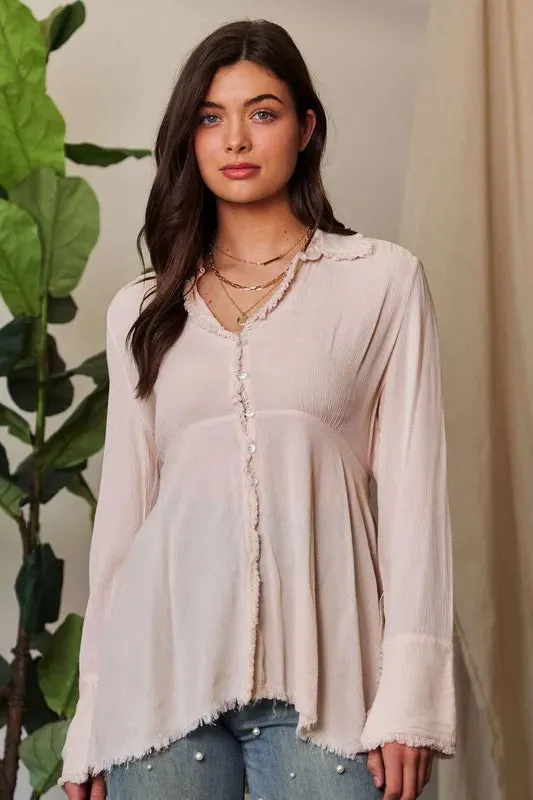 Beige V Neck Open Back Adjustable Babydoll Shirt