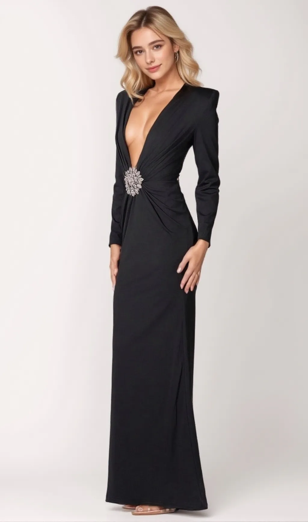 BERNICE LONG SLEEVE DRAPED EMBELLISHED MAXI DRESS IN BLACK