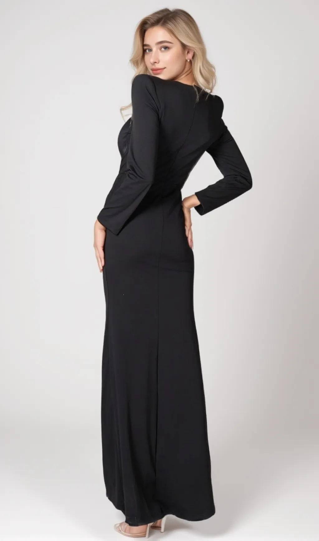 BERNICE LONG SLEEVE DRAPED EMBELLISHED MAXI DRESS IN BLACK