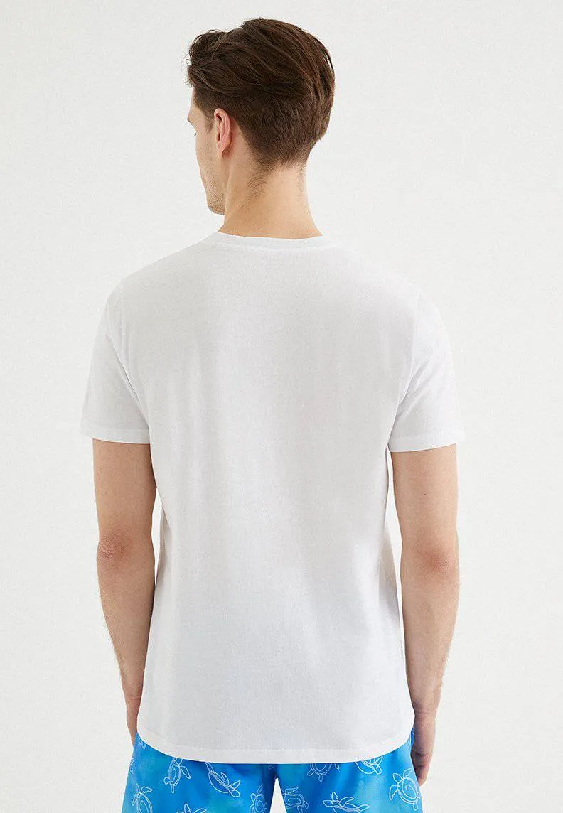 Beyaz Baskılı Bisiklet Yaka Pamuklu Regular Fit Erkek T-Shirt TURTLE