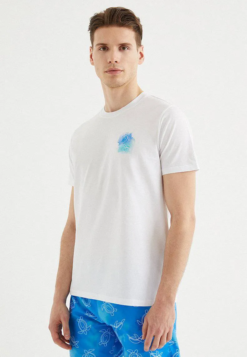 Beyaz Baskılı Bisiklet Yaka Pamuklu Regular Fit Erkek T-Shirt TURTLE
