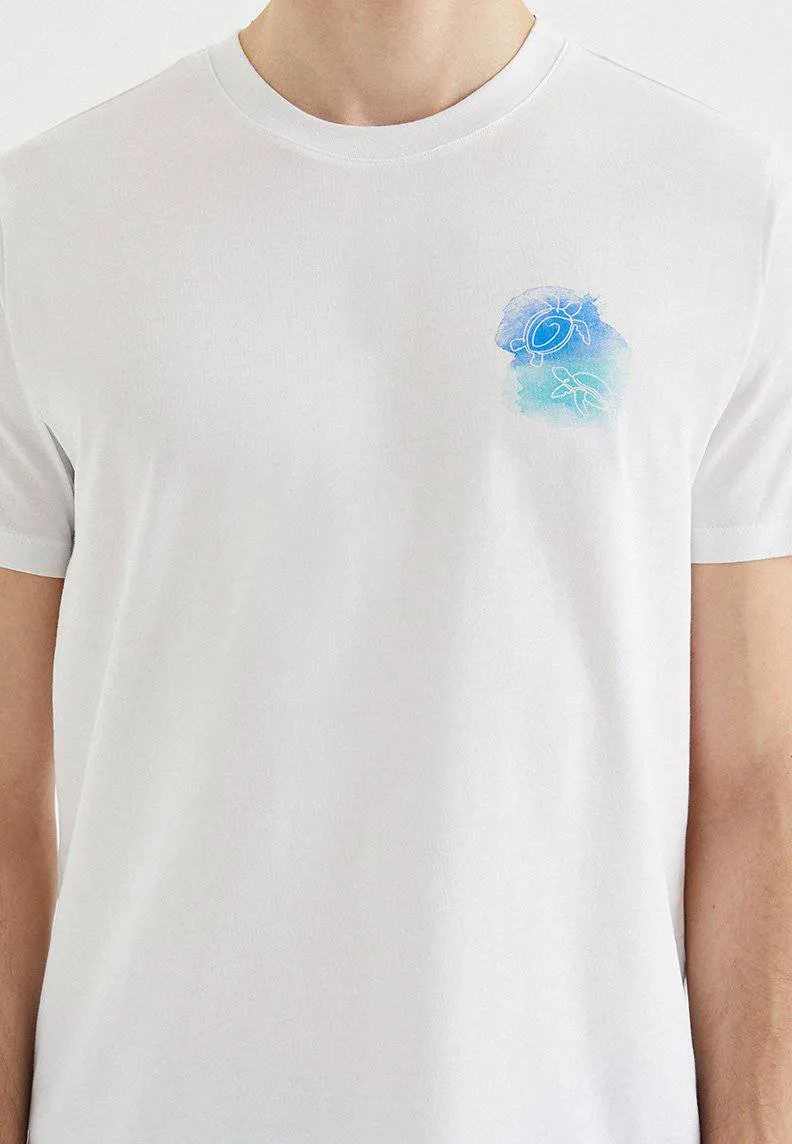 Beyaz Baskılı Bisiklet Yaka Pamuklu Regular Fit Erkek T-Shirt TURTLE