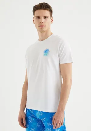 Beyaz Baskılı Bisiklet Yaka Pamuklu Regular Fit Erkek T-Shirt TURTLE