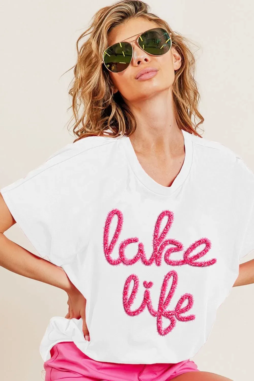 BiBi Metallic Letter Short Dolman Sleeve Top
