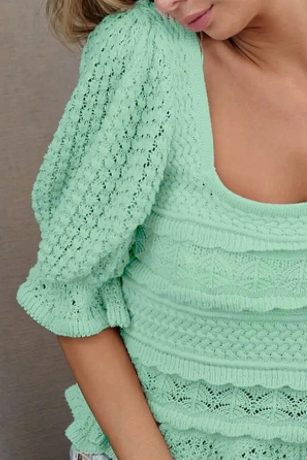 BiBi Square Neckline with Puff Sleeve Crochet Top