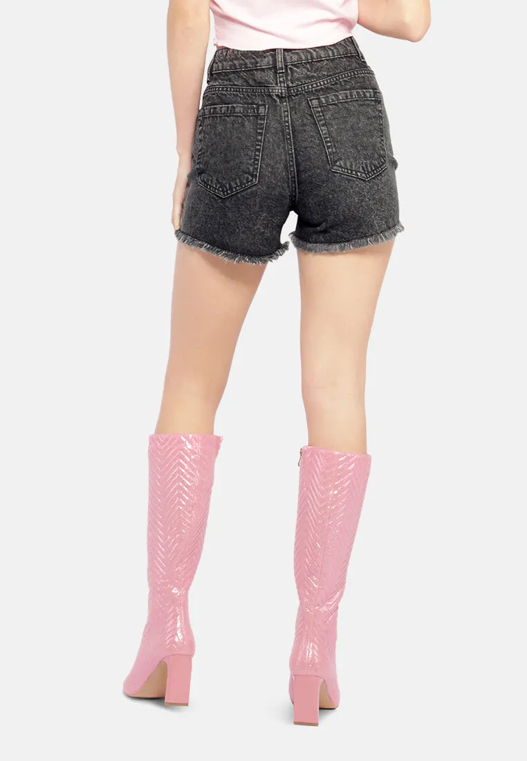 Black Casual Printed Denim Shorts