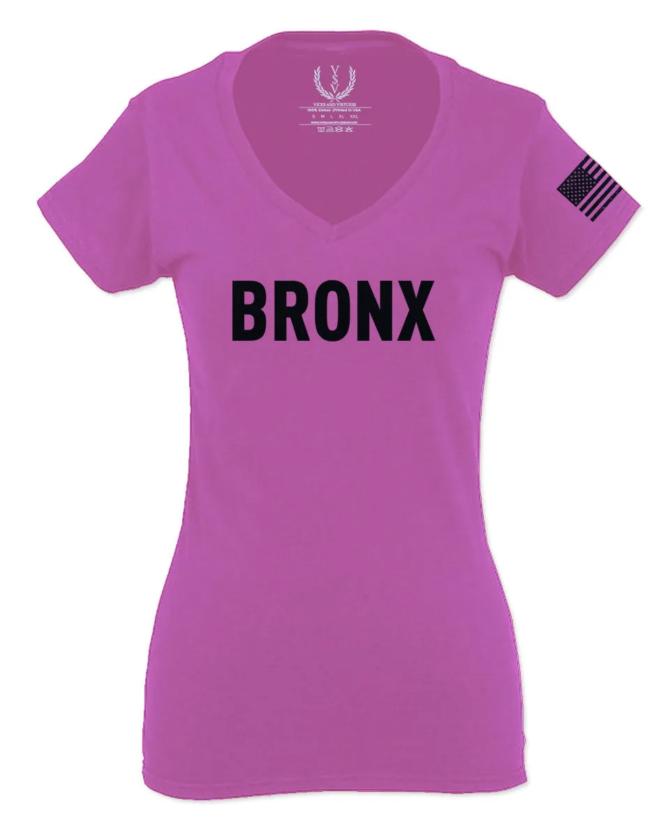 Black Fonts New York Bronx NYC Cool City Street wear For Women V neck fitted T Shirt