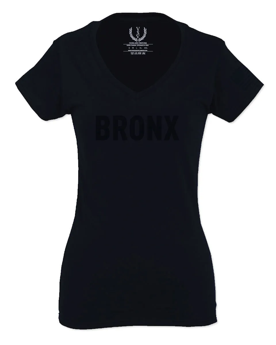 Black Fonts New York Bronx NYC Cool City Street wear For Women V neck fitted T Shirt