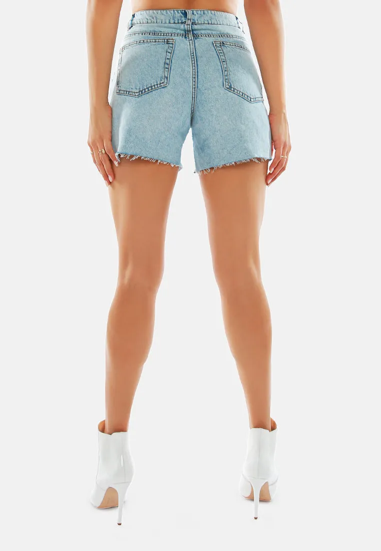 Blue Acid Wash Raw Hem Jeans Shorts