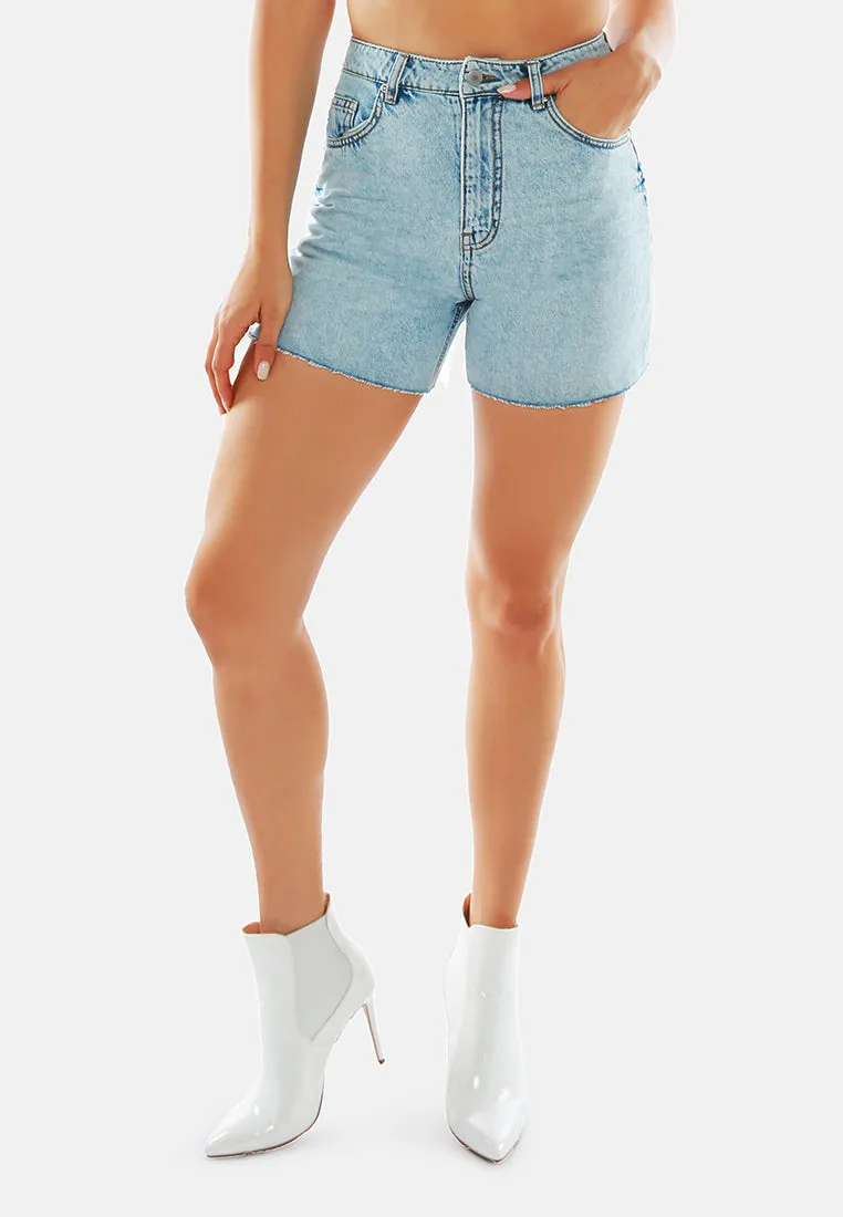 Blue Acid Wash Raw Hem Jeans Shorts