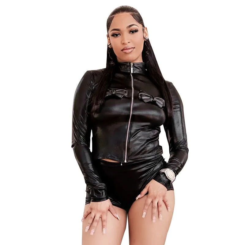 Bold and Edgy Bow-Accented Zipper Jacket and Shorts Set