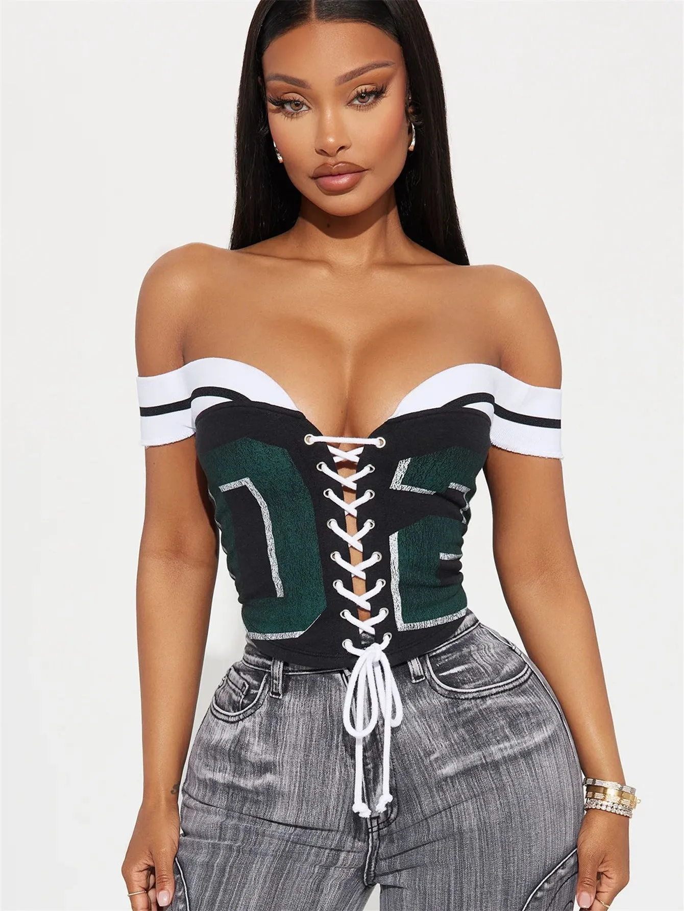 Bold Varsity-Inspired Off-Shoulder Lace-Up Crop Top