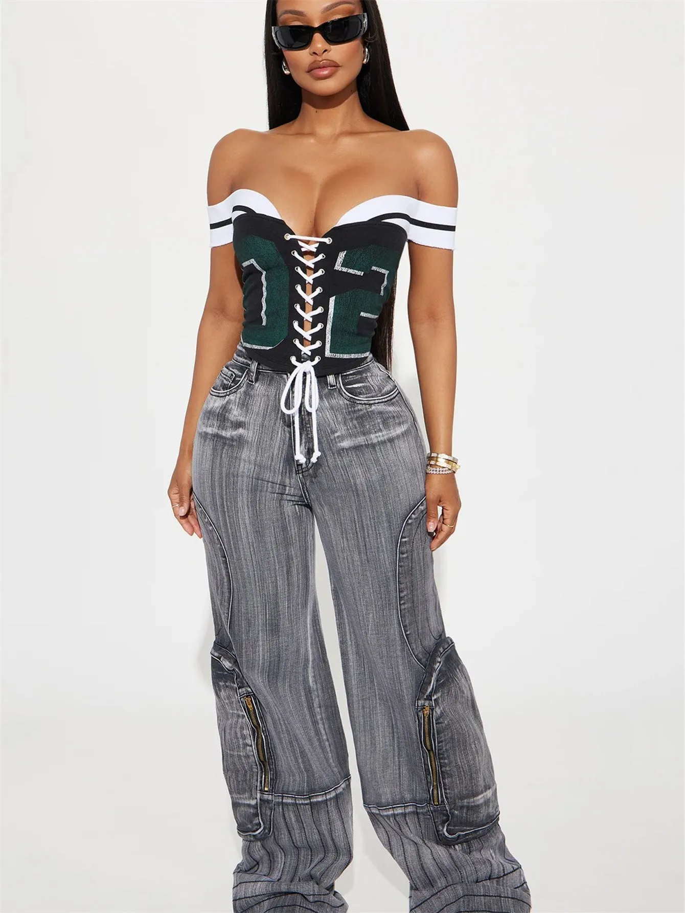 Bold Varsity-Inspired Off-Shoulder Lace-Up Crop Top