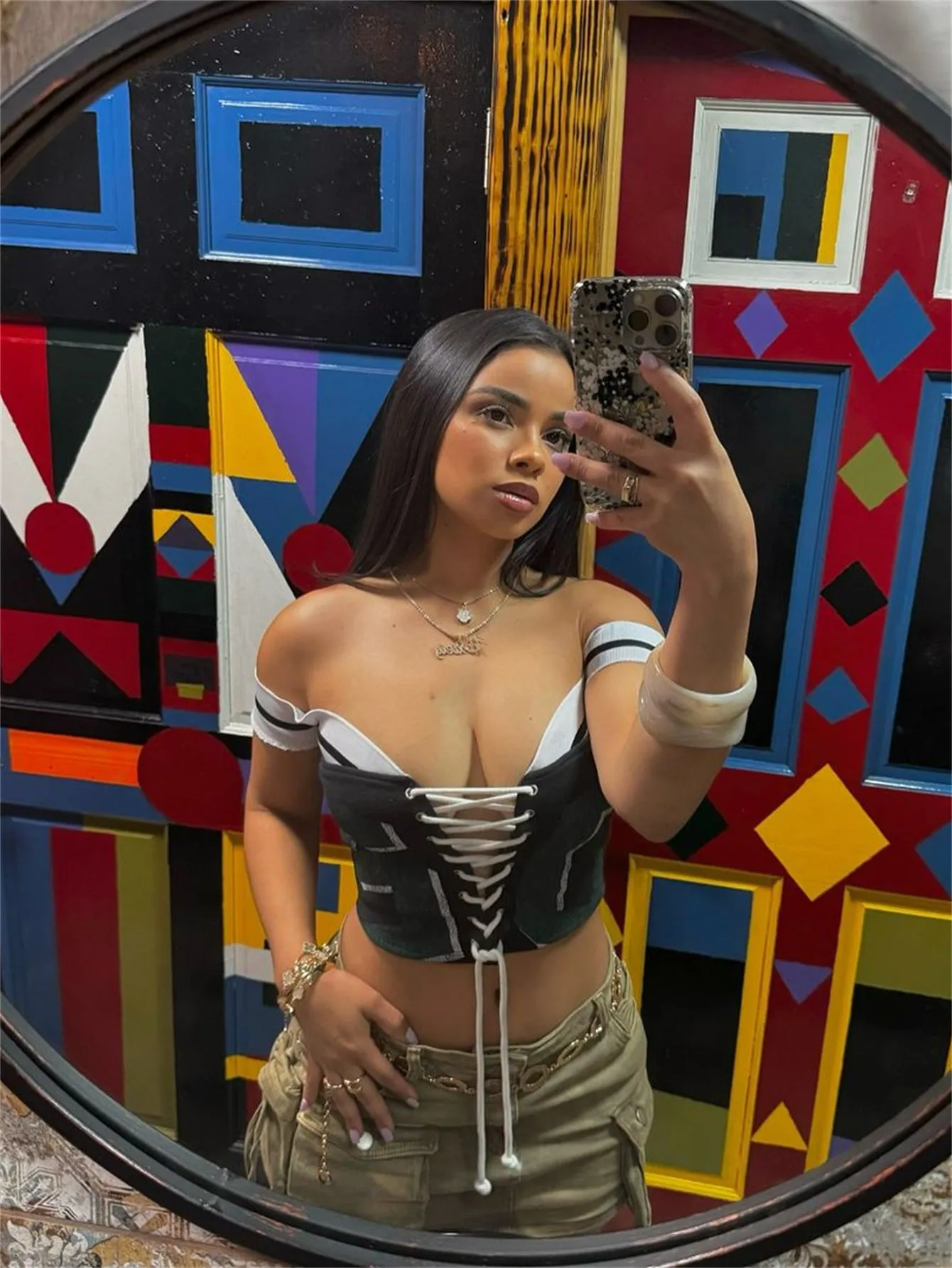 Bold Varsity-Inspired Off-Shoulder Lace-Up Crop Top