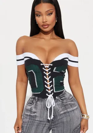 Bold Varsity-Inspired Off-Shoulder Lace-Up Crop Top
