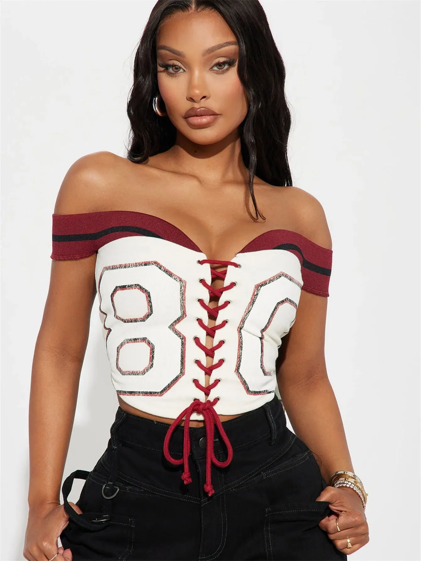 Bold Varsity-Inspired Off-Shoulder Lace-Up Crop Top