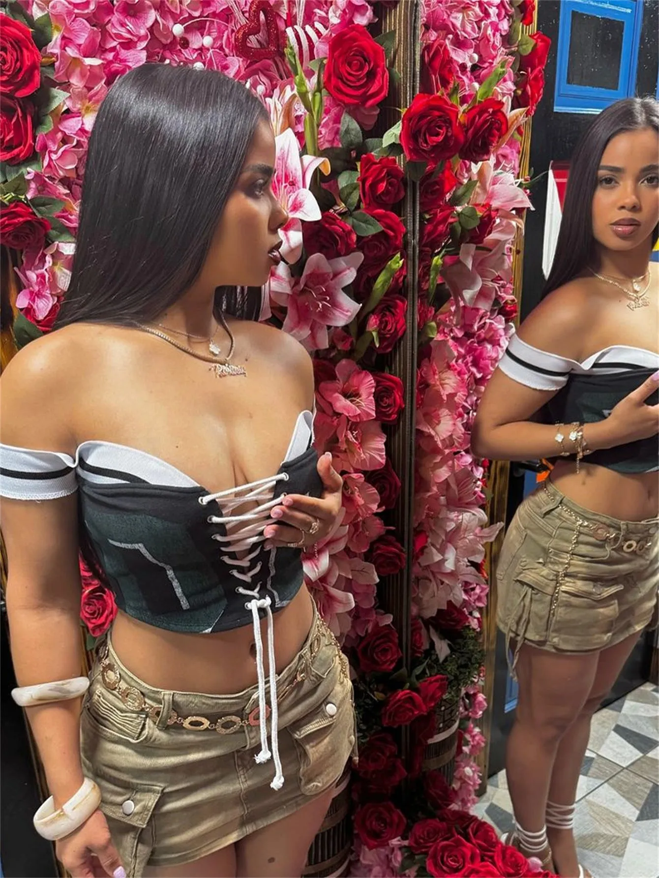 Bold Varsity-Inspired Off-Shoulder Lace-Up Crop Top