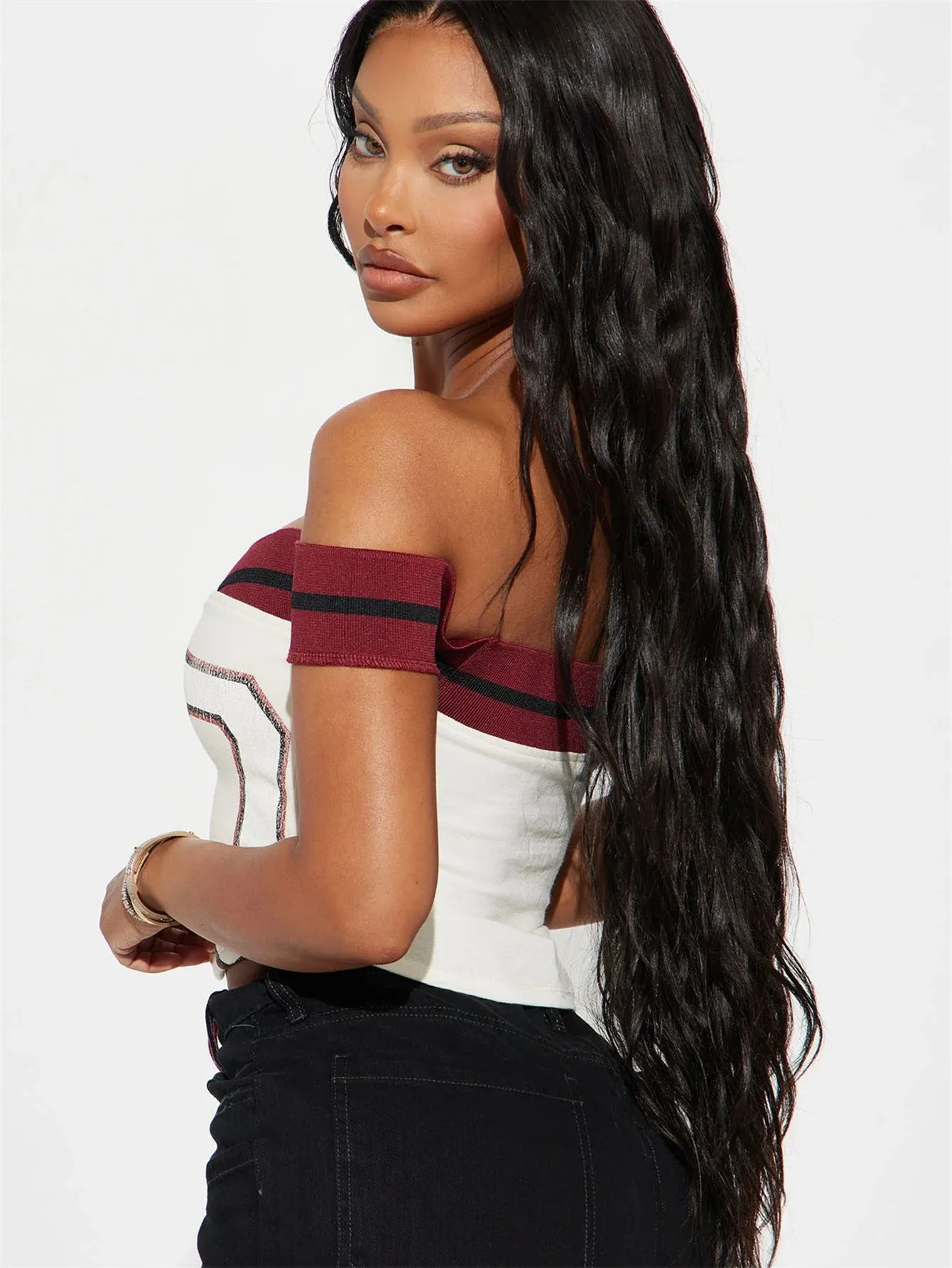 Bold Varsity-Inspired Off-Shoulder Lace-Up Crop Top