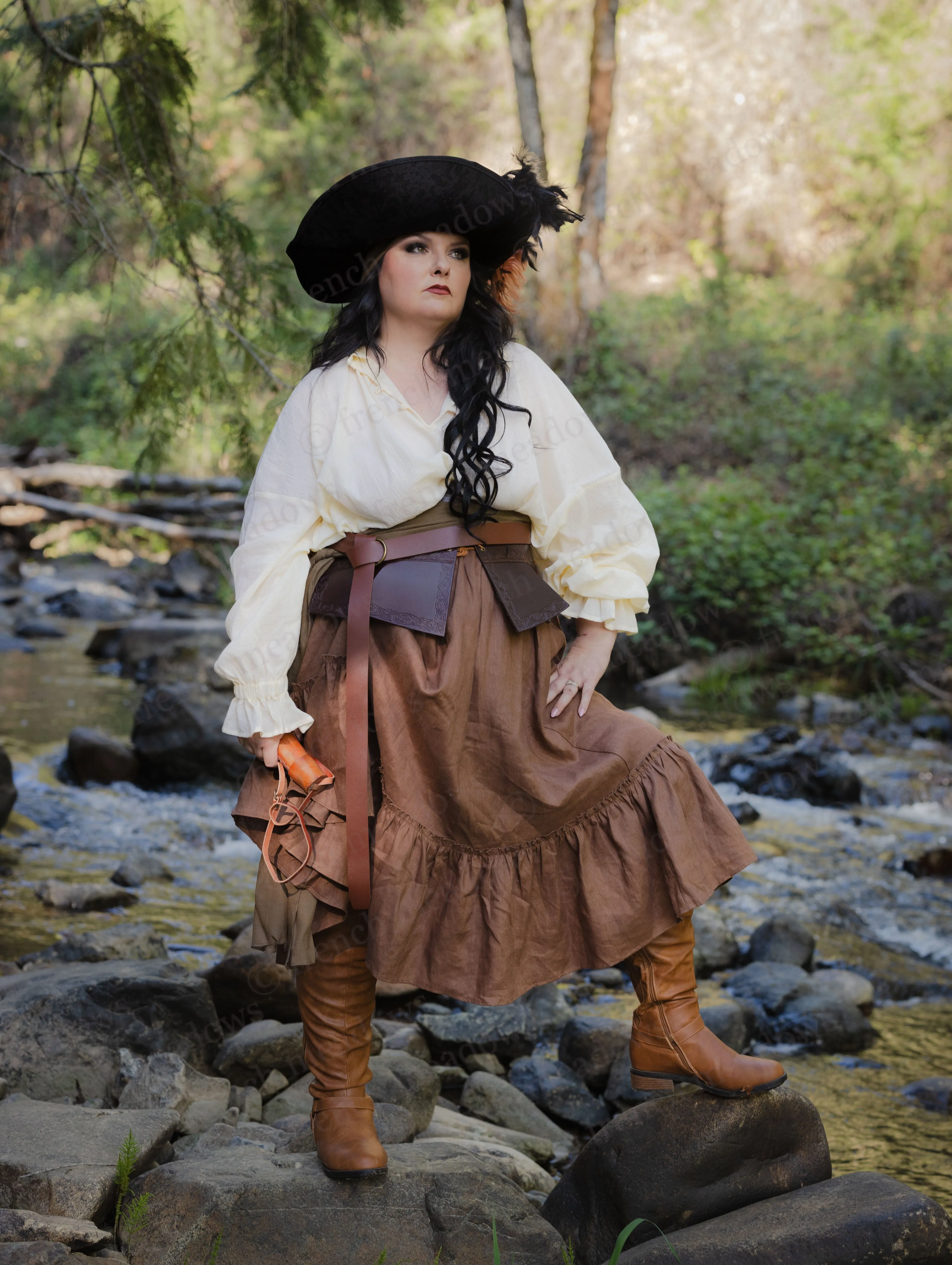 Brown Linen Ruffle Skirt