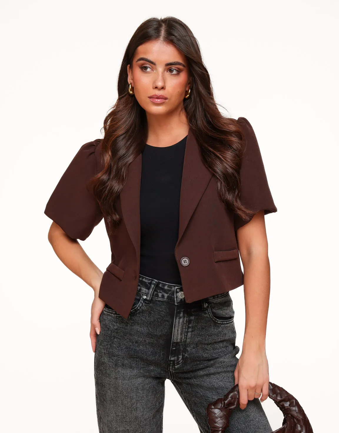 Bruine F/W Edit Cropped Pofmouwen - Blazer