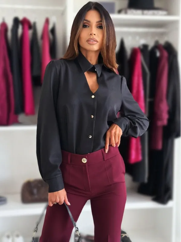 Chic Long-Sleeved Turndown Collar Blouse with Keyhole Detail