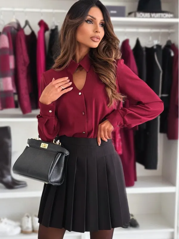 Chic Long-Sleeved Turndown Collar Blouse with Keyhole Detail