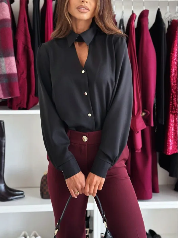 Chic Long-Sleeved Turndown Collar Blouse with Keyhole Detail