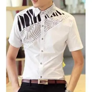Classic Terrain Texture Print Splicing Fashion Fitted Turn-down Collar Short Sleeves Men's Shirt - White 3xl