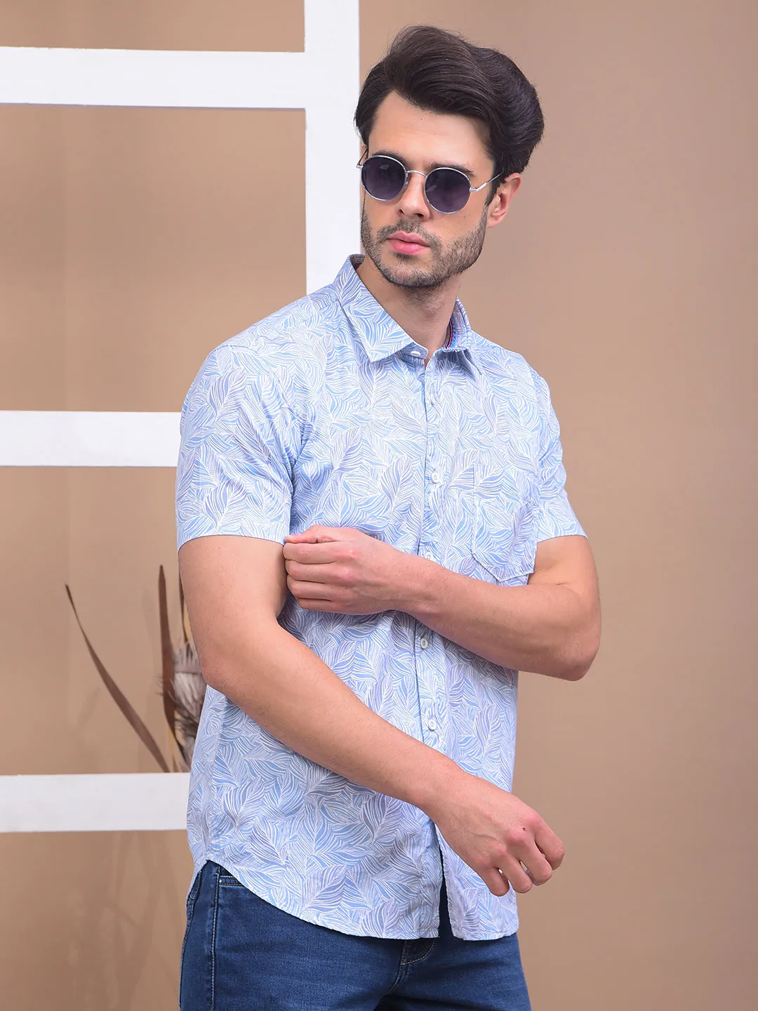 COBB SKY BLUE PRINTED HALF-SLEEVE CASUAL SHIRT