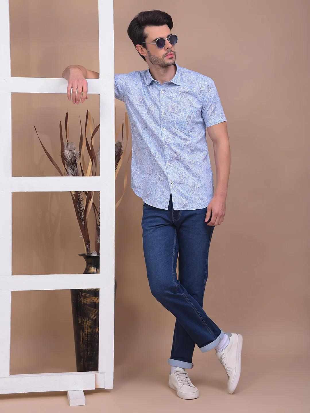 COBB SKY BLUE PRINTED HALF-SLEEVE CASUAL SHIRT