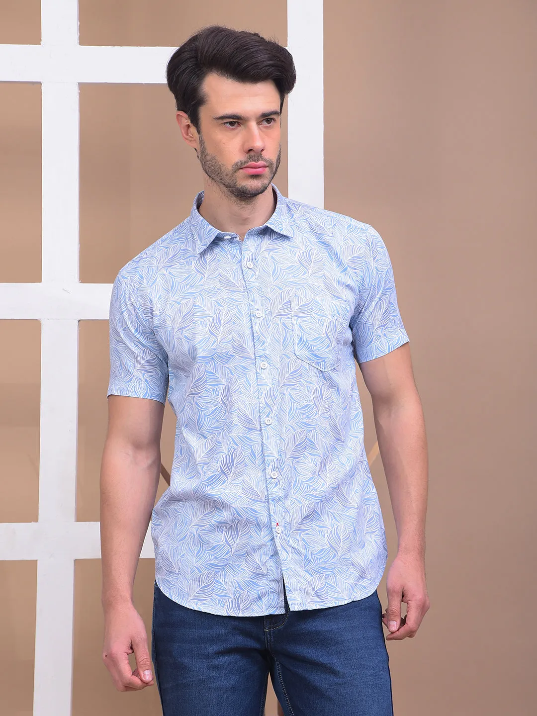COBB SKY BLUE PRINTED HALF-SLEEVE CASUAL SHIRT