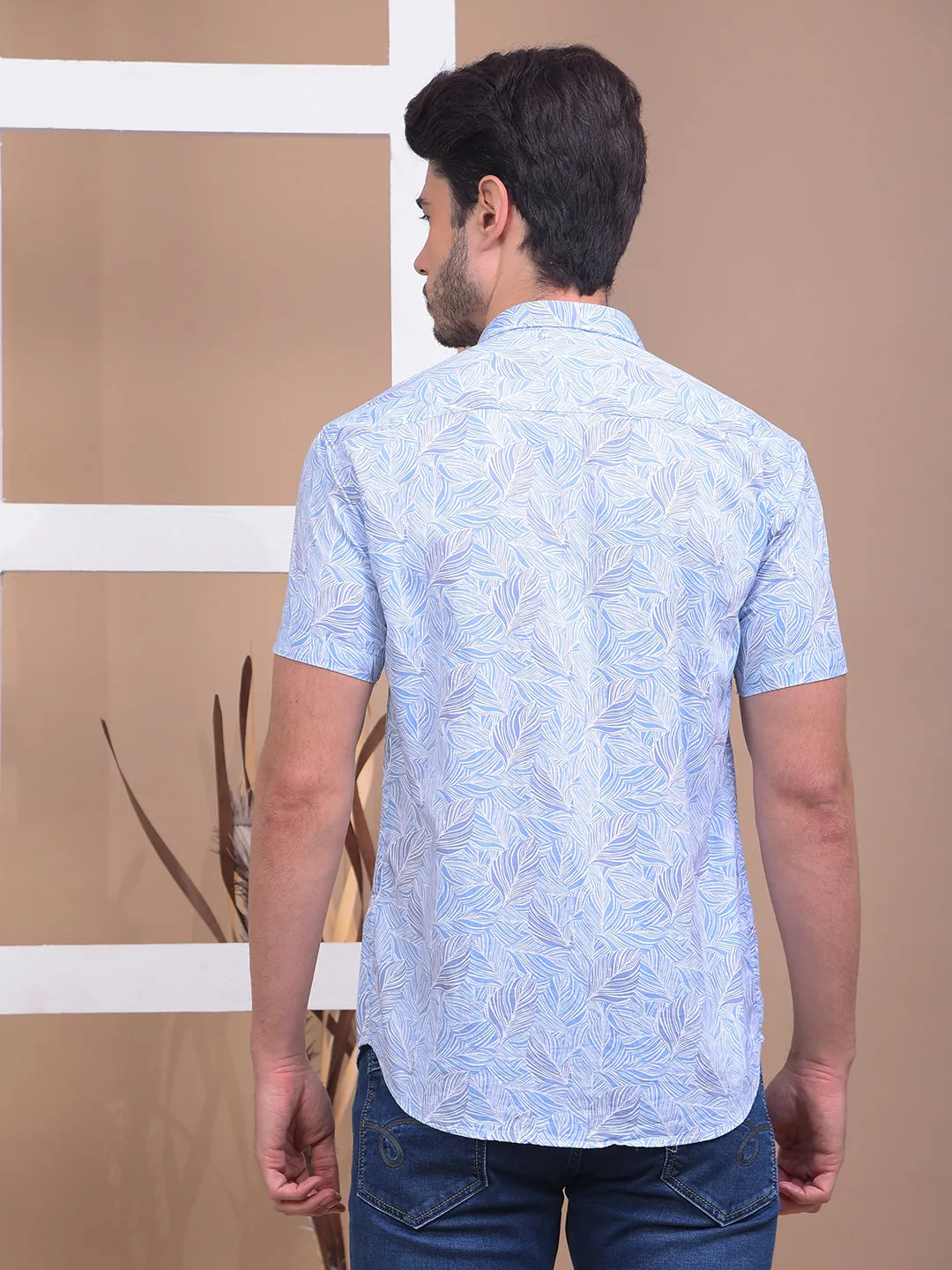 COBB SKY BLUE PRINTED HALF-SLEEVE CASUAL SHIRT